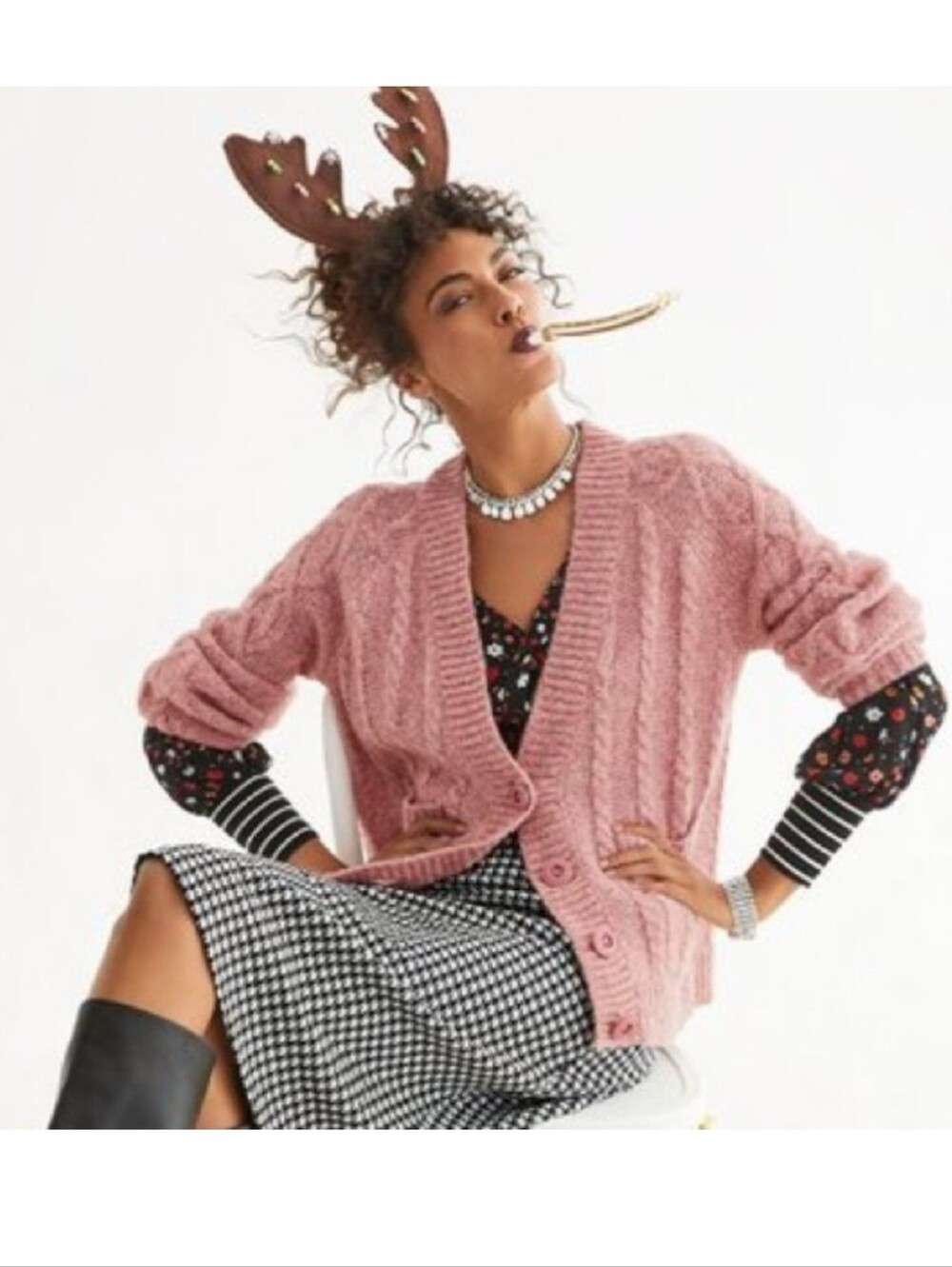 CAbi Dusty Rose Cable-Knit Button Over Sized Vibe Cardigan Sweater